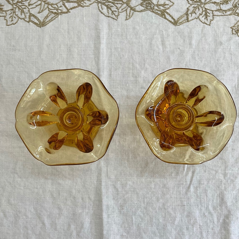 Vintage 2 Viking Amber Glass Ruffled Flower Candle Holders MCM Honey Gold